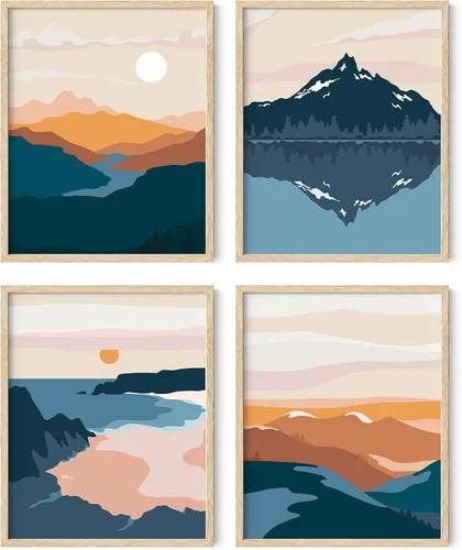 Vista 25 de HAUS AND HUES Arte de pared de montaña – Juego de 4 decoración de paisaje moderno de mediados de siglo, naturaleza y arte moderno Marco beige de 8