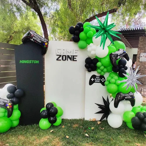 Vista 5 de Kit de guirnalda de arco de globos de videojuegos, 144 unidades, color verde, negro y plateado, estrella explosiva, globos de Mylar para niños