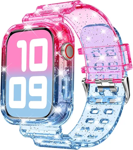 Vista 22 de DABAOZA - Correa transparente compatible con Apple Watch de 1.772 in y 1.732 in, con purpurina transparente Women Men,Glitter Bling TPU