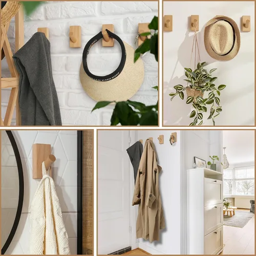 Vista 3 de Paquete de 4 ganchos de madera para pared, de madera natural, ahorro de espacio, sin daños, adhesivos para entrada, dormitorio, puerta de cocina