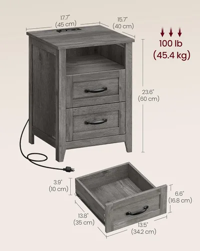 Vista 3 de VASAGLE Colección LIRY - Mesita de noche de estilo granja con estación de carga, mesa de cabecera, mesa auxiliar con 2 cajones, compartimento