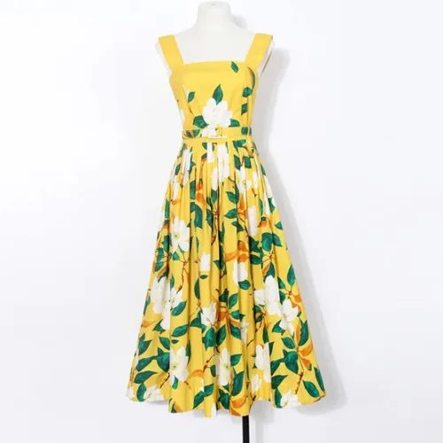 Vista 5 de Elegamt - Vestido largo con estampado floral y flores amarillas, vestido largo midi con cinturón