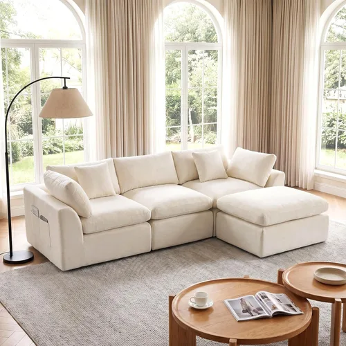 Vista 13 de Sofá nube sin hueso de 111 pulgadas en forma de L con diván, sofá modular de 3 plazas para sala de estar, sofás de felpilla deshuesados de gran Beige