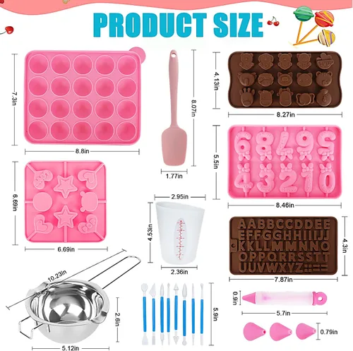 Vista 2 de Kit de 618 piezas para hacer pasteles con 5 juegos de moldes de silicona, soporte de exhibición de 3 niveles, olla para derretir dulces