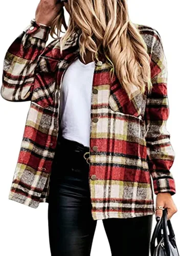 Vista 6 de Camisa de franela a cuadros para mujer, con botones, bolsillo a cuadros, casual, de manga larga Marrón
