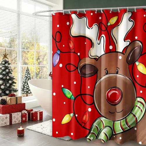 Vista 6 de Cortina de Ducha Feliz Navidad 72x72 Pulgadas Cortinas de Ducha de Reno Navideño para Baño con Ganchos Decoración Navideña de Baño Hogar Vacaciones