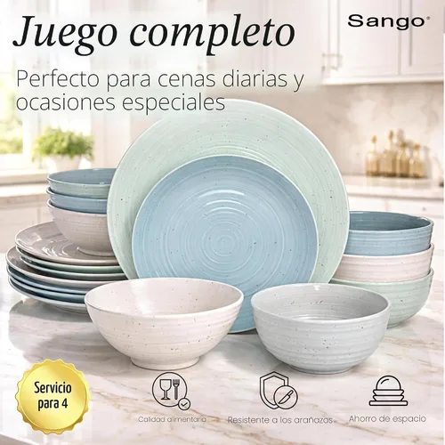 Vista 2 de Sango Siterra Artist's Blend - Juego de vajilla de gres de 16 piezas para 4, platos verdes, crema y blancos brillantes con motas, juegos de platos