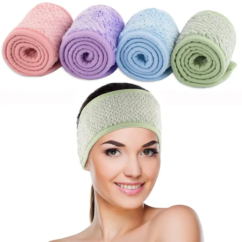 Vista 7 de Whaline Paquete de 4 diademas faciales de spa, bandas ajustables para el cabello, toalla suave para lavado facial, ducha, deportes, yoga