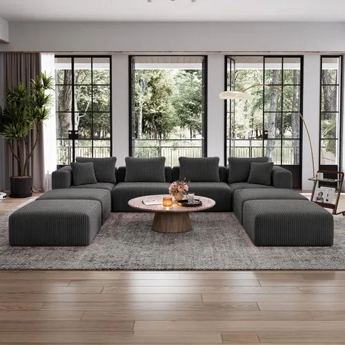 Vista 20 de Avenco Sofá seccional modular de 6 asientos de 141 pulgadas, tela de pana Negro