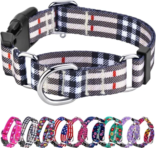 Vista 11 de Hikiko - Collar de cuadros para perros con collar ajustable de nylon Martingale con hebilla de liberación rápida (Pluma de beige, X-Pequeño)