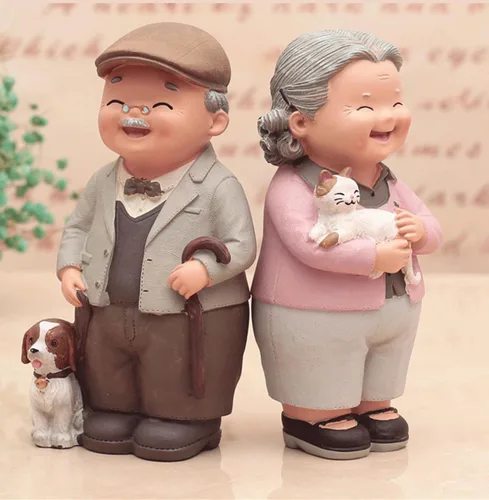 Vista 2 de Figuras amorosas para parejas mayores, 50 aniversario, matrimonio dorado, decoración de pasteles de boda, figuras de poliresina, coleccionables
