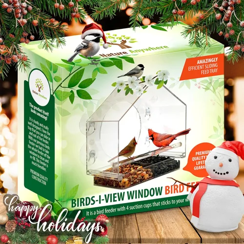 Vista 2 de Nature Everywhere. Comedero de aves para vidrio (tamaño grande) Edición de regalo para días feriados Incluye una charola de fácil remoción, 4