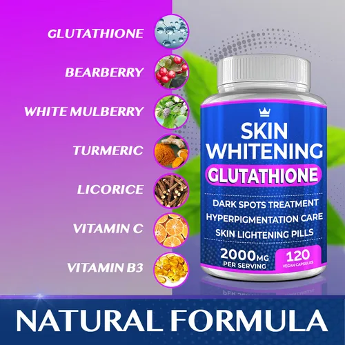 Vista 4 de Píldoras blanqueadoras de glutatión – 120 cápsulas de 2000 mg de glutatión – Suplemento eficaz para aclarar la piel – manchas oscuras, melasma