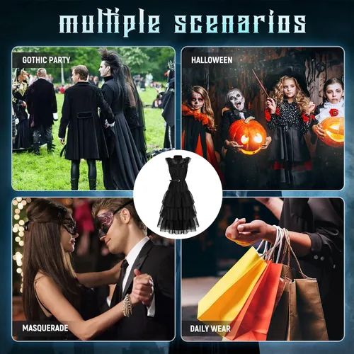 Vista 5 de Leajap Vestido de miércoles, disfraces de Halloween para Addams, vestidos de princesa para adultos, decoraciones de fiesta de cosplay
