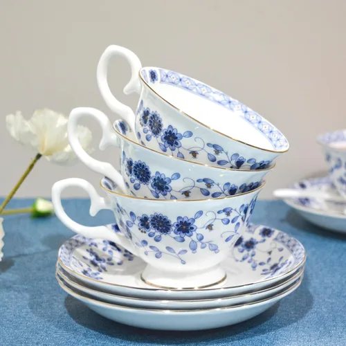 Vista 6 de Juego de té de porcelana de hueso, juego de té de porcelana de 21 piezas para adultos, tazas de té y platillos para 6, con tetera, cucharas, Azul
