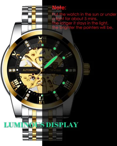 Vista 5 de Dentily Reloj mecánico de acero inoxidable esqueleto automático impermeable relojes de negocios para hombre