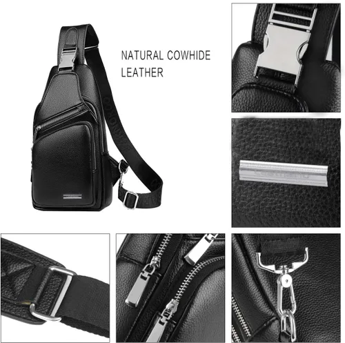 Vista 3 de Leathario Bolso bandolera de cuero para hombre, mochila cruzada para el pecho, mochila pequeña, multiusos, casual, viajes