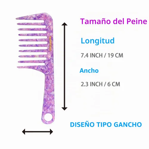 Vista 4 de D1 Peine de mango de dientes anchos para cabello rizado Eleva, conserva el rizo, suaviza el cabello. Peine de acetato (morado brillante)