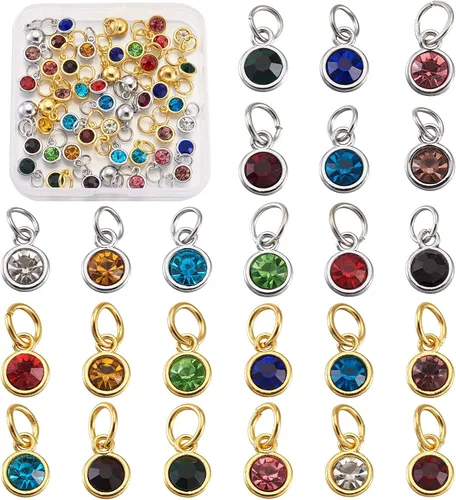 Vista 15 de Cheriswelry 48 piezas de 15 mm de abalorios de aleación de metal de color gris plateado, cristales de strass, dijes planos redondos, dijes de piedra