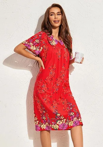 Vista 2 de Ekouaer Vestidos de casa para mujer con bolsillos Mumu Duster de manga corta camisón de tumbona impreso vestido de patio S-XXXL