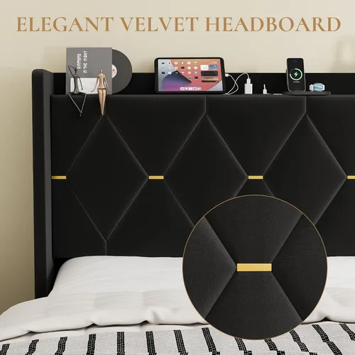 Vista 6 de SHA CERLIN Base de cama tapizada de terciopelo de tamaño matrimonial con estación de carga, moderna cabecera de almacenamiento con respaldo de ala