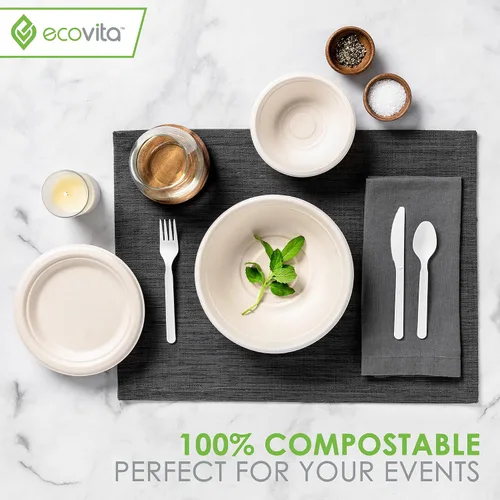 Vista 6 de Ecovita Cuencos de Papel 100% Compostables [12 oz.] – 150 Cuencos Desechables Ecológicos Resistentes Sin Árboles Resistentes a Líquidos y Calor