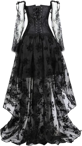Vista 3 de Corsés rojos para mujer, vestido negro, corsé renacentista de princesa