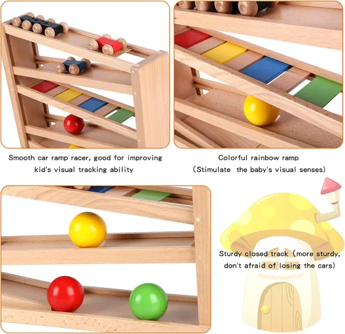 Vista 3 de Qilay Juguete de carreras de madera para niños pequeños, juego de rampa de coche de carreras de 5 niveles incluye 4 autos de madera y 3 pelotas