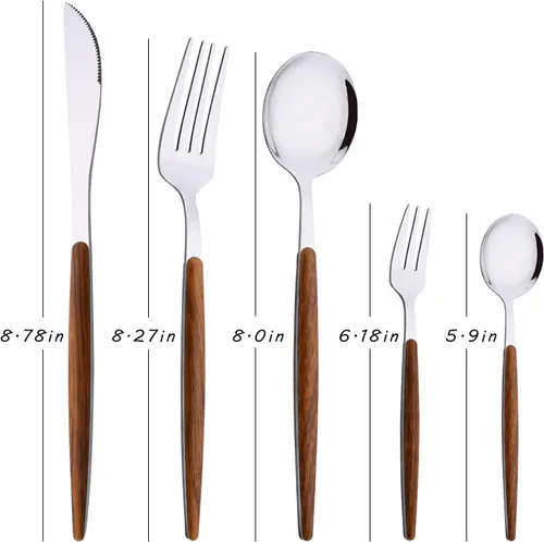 Vista 2 de Juego de cubiertos de acero inoxidable con mango de efecto de madera Cubiertos pulidos con espejo plateado, utensilios de cocina para el hogar