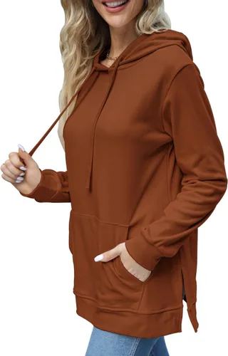 Vista 3 de Beimuc Sudaderas con capucha para mujer, con dobladillo dividido, con cordón, casual, manga larga, con bolsillos