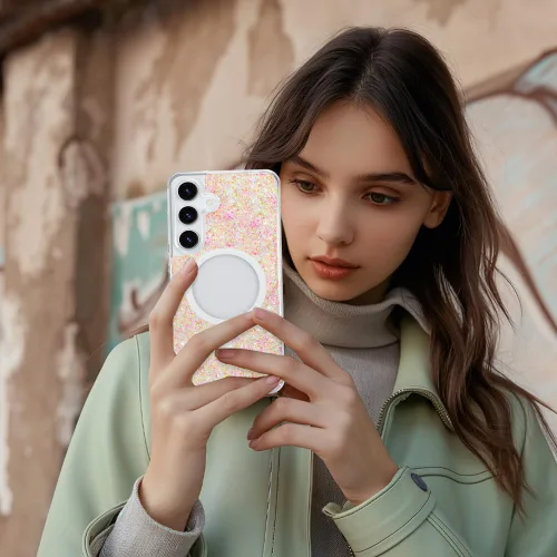 Vista 342 de Bonoma - Funda compatible con Samsung Galaxy S21 Plus, diseño de corazón con purpurina, color rosa Support for MagSafe, Plating Magnetic Case TPU