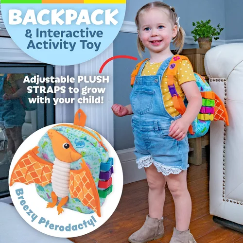 Vista 2 de Buckle Toys Breezy Pterodáctil - Mochila para niños pequeños con hebillas y actividades de aprendizaje para niños pequeños y juguetes sensoriales