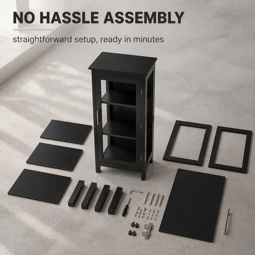 Vista 7 de Ergode Vitrina de madera amapola – negro, puerta de cristal, estantes ajustables – Solución versátil de almacenamiento y exhibición para el hogar