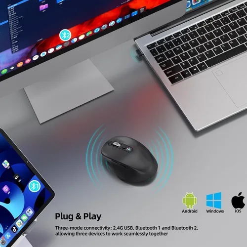 Vista 3 de INFINMIND Ratón Bluetooth inalámbrico, multidispositivo (BT1/BT2 + USB de 2.4 G) para laptop, iPad y Mac, desplazamiento de 4 vías con botones