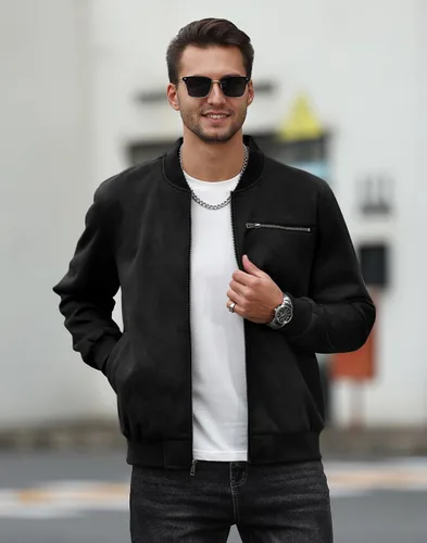 Vista 2 de Chaqueta bomber de gamuza para hombre, casual, ligera, vintage, abrigo universitario