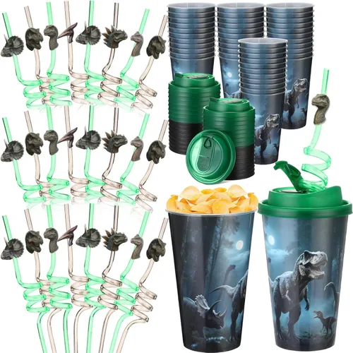 Vista 14 de Yungyan 16 juegos de tazas de golosinas con tapas y pajitas para decoraciones de cumpleaños, reutilizables, 16 onzas, vasos de plástico para dulces