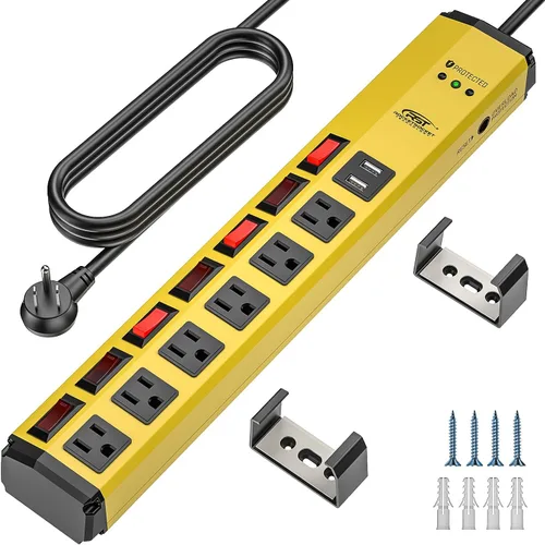 Vista 12 de CRST Regleta de alimentación de metal de 6 tomas con interruptores individuales, protector contra sobretensiones montable para garaje, taller