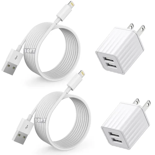 Vista 11 de Cargador de iPhone de 10 pies, bloque de carga rápida para iPhone de doble puerto USB, adaptador de enchufe de pared de 2 paquetes y cable de carga