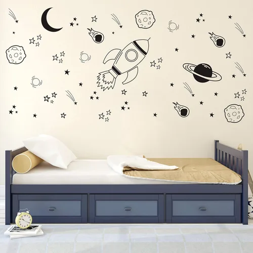 Vista 3 de A37 - Decoración de habitación temática de espacio negro - Calcomanías de pared de cohete y barco para guardería de bebés y niños