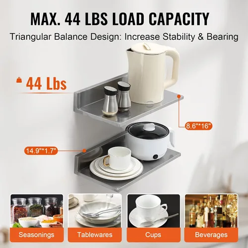 Vista 5 de VEVOR Estante de pared de acero inoxidable, 8.6 x 16 pulgadas, paquete de 2 con protector contra salpicaduras, soporta 44 libras, ideal para cocina