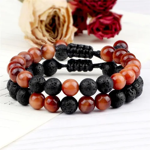 Vista 6 de Pulseras de cuentas de muñeca para hombres, hombres y mujeres, pulsera de roca de lava de ojo de tigre de 0.315in, regalos relajantes para hombres