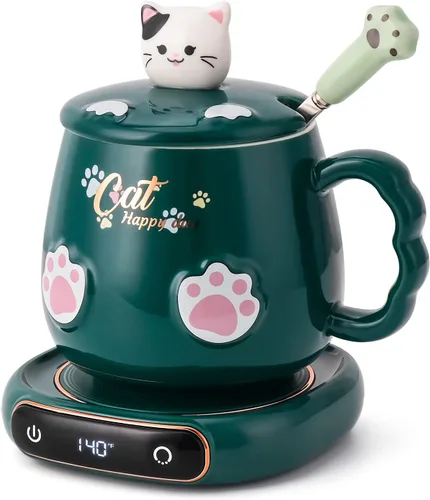 Vista 11 de Calentador de tazas de café y lindo juego de tazas de gato, calentador de tazas de bebidas para escritorio, oficina en casa con 4 ajustes