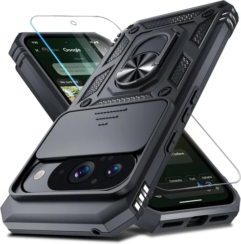 Vista 14 de Janmitta - Funda compatible con Google Pixel 9 Pro XL con cubierta deslizante para lente de cámara incorporada + protector de pantalla + soporte