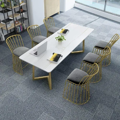 Vista 6 de Mesa rectangular de mármol con pedestal doble, mesa de comedor de dos colores con piedra sinterizada