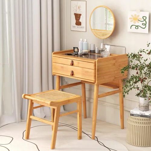 Vista 8 de Escritorio de tocador bohemio con espejo, mesa de tocador de maquillaje de bambú con 2 cajones de almacenamiento y mesa de vidrio templado, tocador