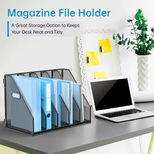 Vista 2 de MINDEPOT Organizador de Archivos de Escritorio de Metal Soporte para Carpetas de Revistas de Escritorio con 5 Compartimentos Verticales Organizador