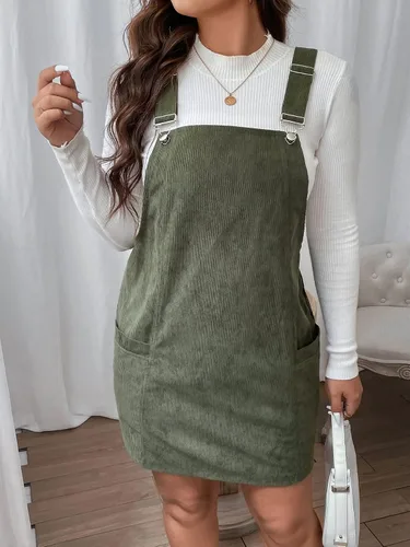 Vista 4 de WDIRARA Vestido corto de pana sin mangas para mujer, talla grande, con bolsillo