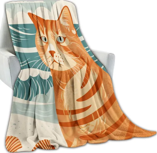 Vista 2 de Manta de gato atigrado naranja, manta de playa retro con diseño de conchas marinas para dormitorio, sala de estar, decoración de sofá, manta