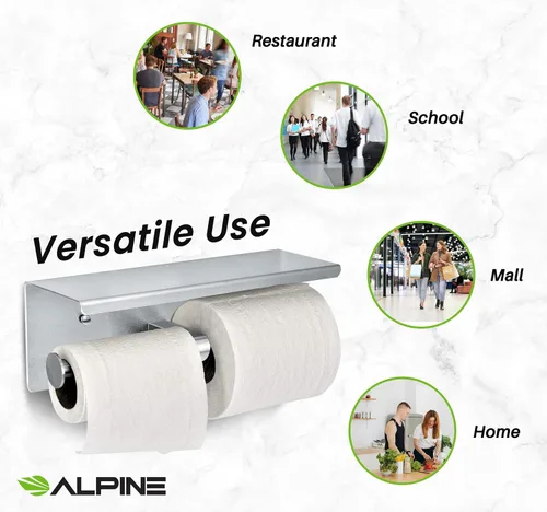 Vista 8 de Alpine - Soporte de papel higiénico doble con estante - Soporte de papel higiénico de acero inoxidable cepillado de doble rollo resistente a