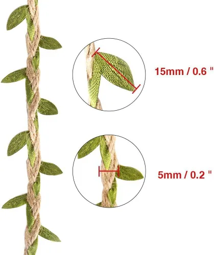 Vista 3 de Cinta de hoja de arpillera, 2 rollos de 66 pies en total de 0.197 in, cordel de yute natural con hojas verdes artificiales, enredaderas decoradas